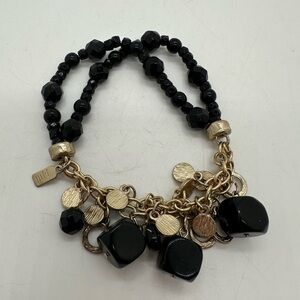 J.jill gold tone black elastic beaded and dangle chain bracelet